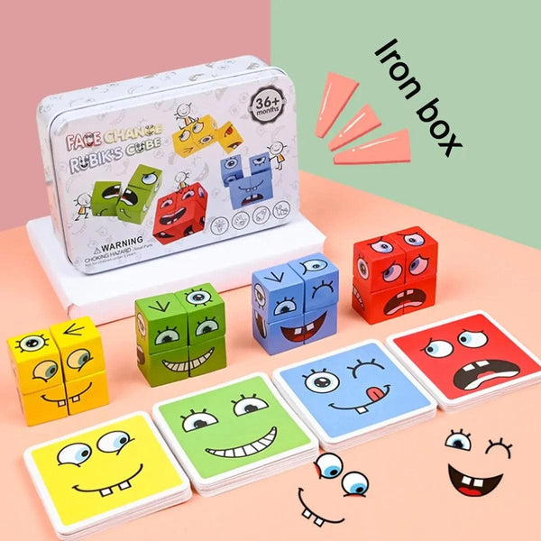 Planet Gates Kids Emotions Expression Game Wooden Cube Face Changing Board Cartoon Puzzle Toy Montessori Thinking Challenge Games
