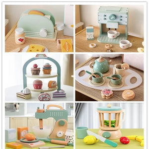 Planet Gates Kids Wooden Toys Coffee Maker Toy Set Cake Ice Cream Tea Time Playset Toddler Pretend Play Kitchen Accessories Gift for Children