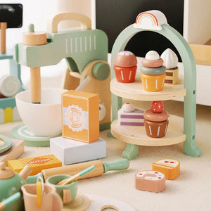 Planet Gates Kids Wooden Toys Coffee Maker Toy Set Cake Ice Cream Tea Time Playset Toddler Pretend Play Kitchen Accessories Gift for Children