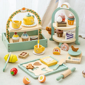 Planet Gates Kids Wooden Toys Coffee Maker Toy Set Cake Ice Cream Tea Time Playset Toddler Pretend Play Kitchen Accessories Gift for Children