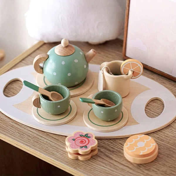 Planet Gates Kids Wooden Toys Coffee Maker Toy Set Cake Ice Cream Tea Time Playset Toddler Pretend Play Kitchen Accessories Gift for Children