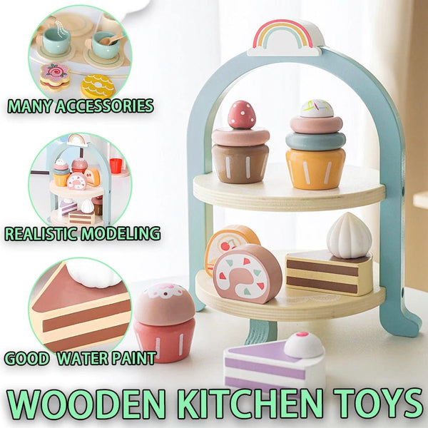 Planet Gates Kids Wooden Toys Coffee Maker Toy Set Cake Ice Cream Tea Time Playset Toddler Pretend Play Kitchen Accessories Gift for Children