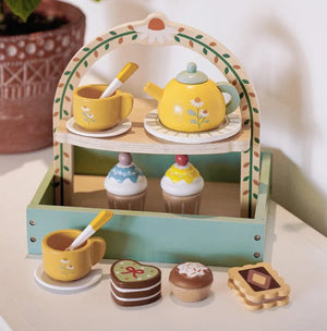 Planet Gates Kids Wooden Toys Coffee Maker Toy Set Cake Ice Cream Tea Time Playset Toddler Pretend Play Kitchen Accessories Gift for Children