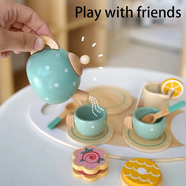 Planet Gates Kids Wooden Toys Coffee Maker Toy Set Cake Ice Cream Tea Time Playset Toddler Pretend Play Kitchen Accessories Gift for Children