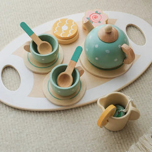 Planet Gates Kids Wooden Toys Coffee Maker Toy Set Cake Ice Cream Tea Time Playset Toddler Pretend Play Kitchen Accessories Gift for Children