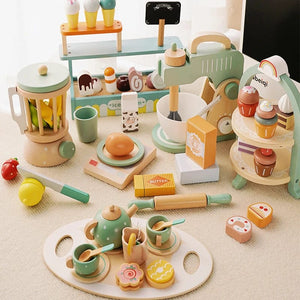 Planet Gates Kids Wooden Toys Coffee Maker Toy Set Cake Ice Cream Tea Time Playset Toddler Pretend Play Kitchen Accessories Gift for Children