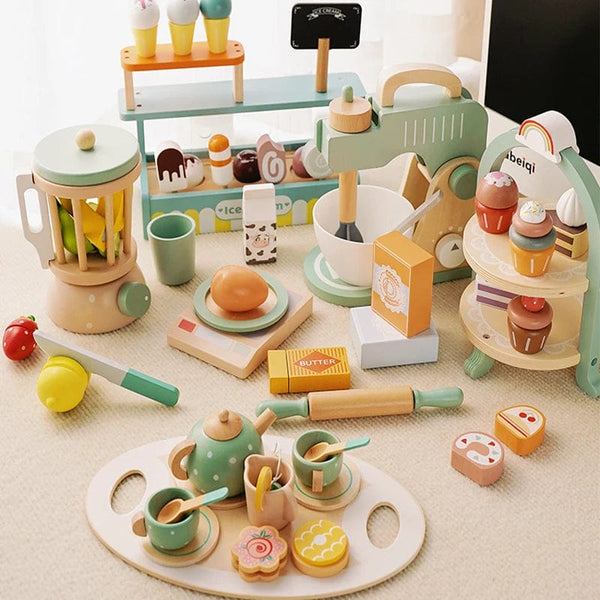 Planet Gates Kids Wooden Toys Coffee Maker Toy Set Cake Ice Cream Tea Time Playset Toddler Pretend Play Kitchen Accessories Gift for Children