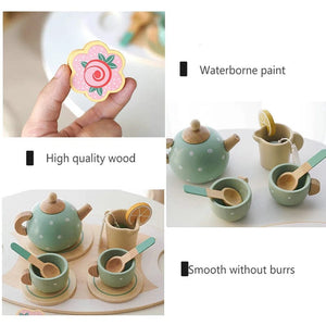 Planet Gates Kids Wooden Toys Coffee Maker Toy Set Cake Ice Cream Tea Time Playset Toddler Pretend Play Kitchen Accessories Gift for Children