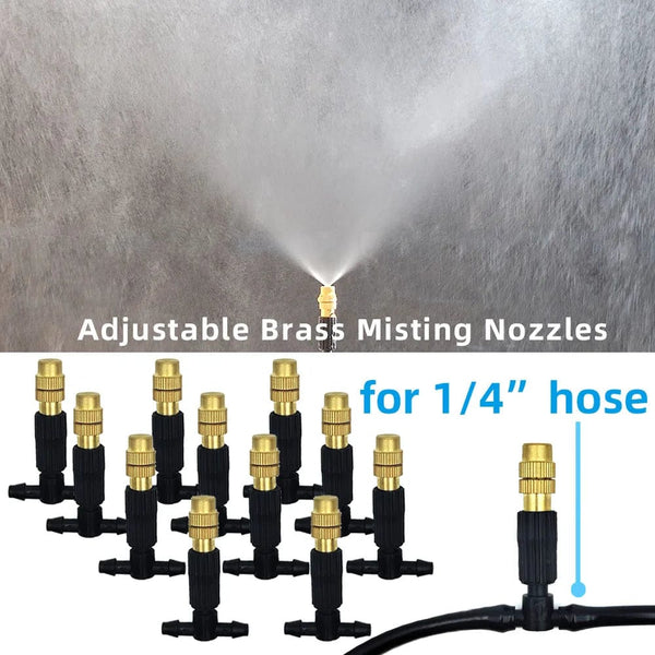 Planet Gates KIT001-20M 5M-30M Outdoor Misting Cooling System Garden Irrigation Watering 1/4'' Brass Atomizer Nozzles 4/7mm Hose for Patio Greenhouse
