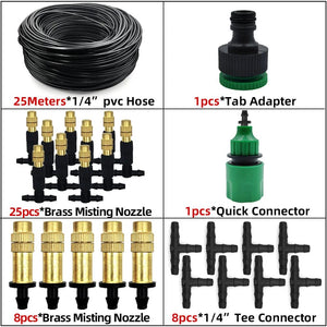 Planet Gates KIT001-20M 5M-30M Outdoor Misting Cooling System Garden Irrigation Watering 1/4'' Brass Atomizer Nozzles 4/7mm Hose for Patio Greenhouse