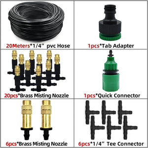 Planet Gates KIT001-20M 5M-30M Outdoor Misting Cooling System Garden Irrigation Watering 1/4'' Brass Atomizer Nozzles 4/7mm Hose for Patio Greenhouse