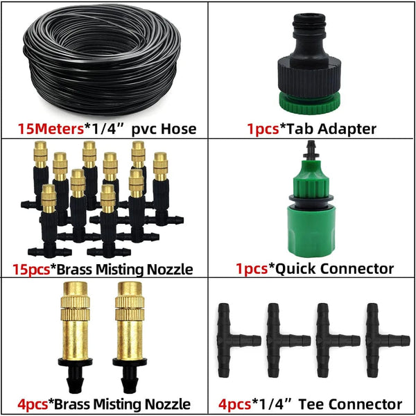 Planet Gates KIT001-20M 5M-30M Outdoor Misting Cooling System Garden Irrigation Watering 1/4'' Brass Atomizer Nozzles 4/7mm Hose for Patio Greenhouse