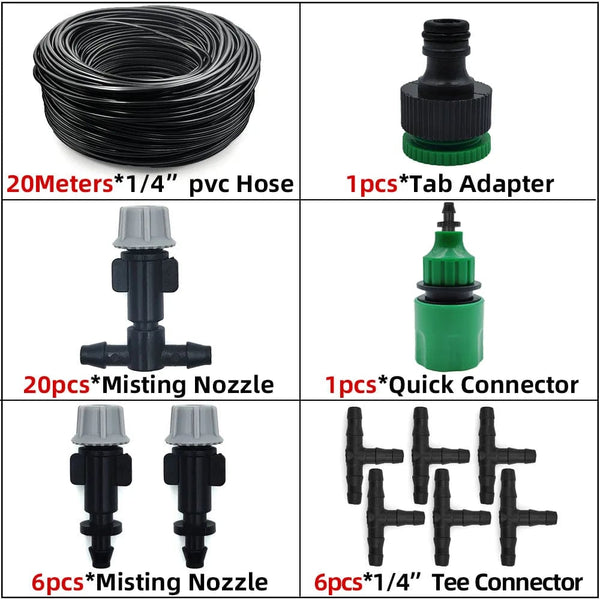 Planet Gates KIT001-20M 5M-30M Outdoor Misting Cooling System Garden Irrigation Watering 1/4'' Brass Atomizer Nozzles 4/7mm Hose for Patio Greenhouse