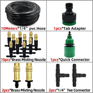 Planet Gates KIT001-20M 5M-30M Outdoor Misting Cooling System Garden Irrigation Watering 1/4'' Brass Atomizer Nozzles 4/7mm Hose for Patio Greenhouse