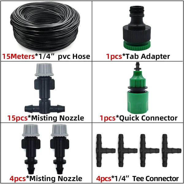 Planet Gates KIT001-20M 5M-30M Outdoor Misting Cooling System Garden Irrigation Watering 1/4'' Brass Atomizer Nozzles 4/7mm Hose for Patio Greenhouse