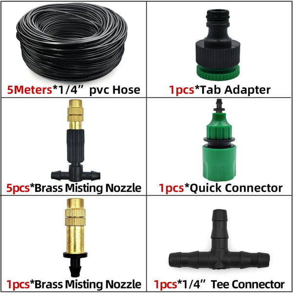 Planet Gates KIT001-20M 5M-30M Outdoor Misting Cooling System Garden Irrigation Watering 1/4'' Brass Atomizer Nozzles 4/7mm Hose for Patio Greenhouse