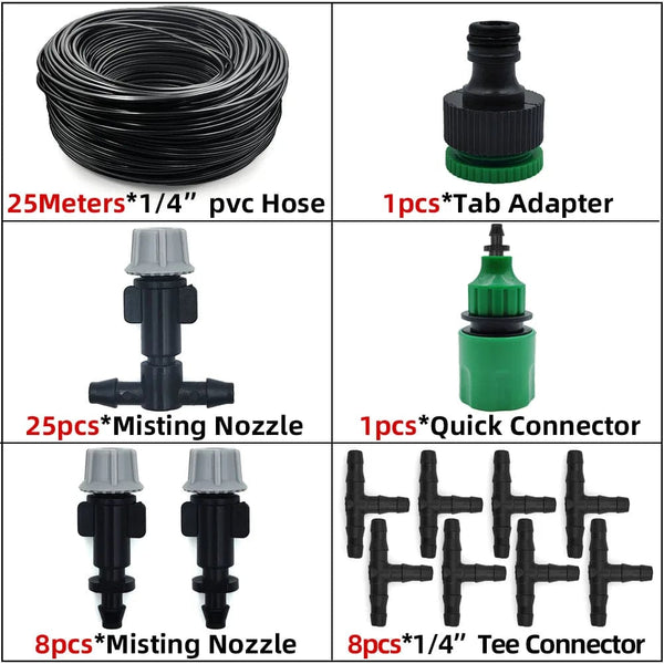 Planet Gates KIT001-20M 5M-30M Outdoor Misting Cooling System Garden Irrigation Watering 1/4'' Brass Atomizer Nozzles 4/7mm Hose for Patio Greenhouse