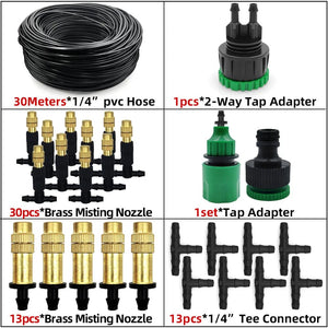 Planet Gates KIT001-20M 5M-30M Outdoor Misting Cooling System Garden Irrigation Watering 1/4'' Brass Atomizer Nozzles 4/7mm Hose for Patio Greenhouse