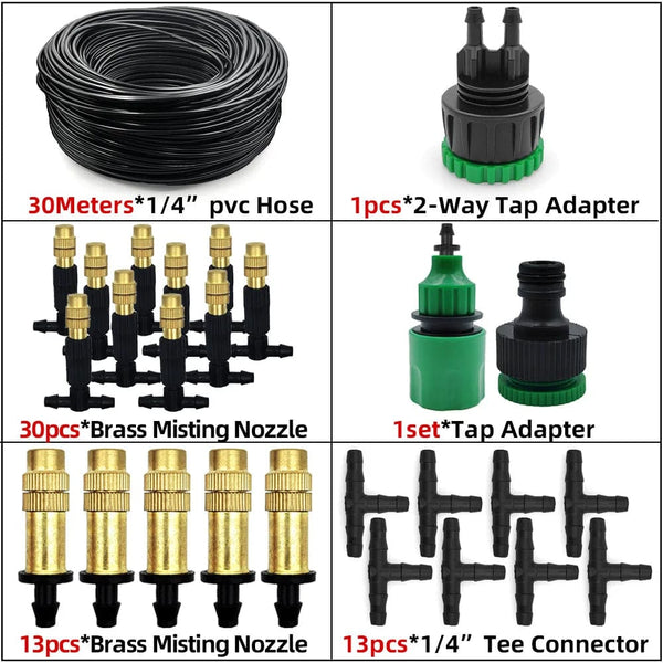 Planet Gates KIT001-20M 5M-30M Outdoor Misting Cooling System Garden Irrigation Watering 1/4'' Brass Atomizer Nozzles 4/7mm Hose for Patio Greenhouse
