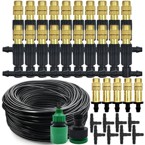 Planet Gates KIT001-20M 5M-30M Outdoor Misting Cooling System Garden Irrigation Watering 1/4'' Brass Atomizer Nozzles 4/7mm Hose for Patio Greenhouse
