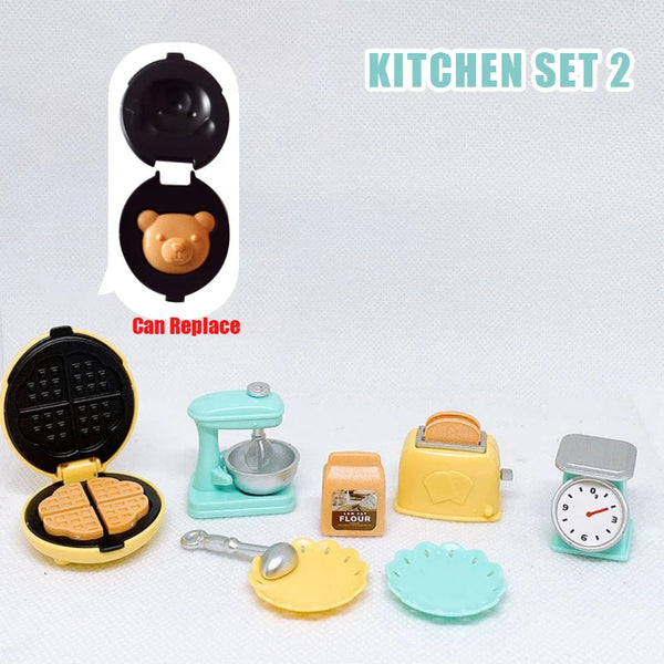 Planet Gates Kitchen Set 2 DIY Dollhouse Bear Biscuits 1/12 Miniature Furniture Toaster Oven Mixer Electronic Scale Model Set Kitchen Toys For Girl Gift