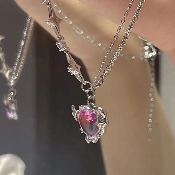Planet Gates Korean Fashion Necklace for Women Heart Shaped Zircon Necklace Pendant Temperament Clavicle Chain Birthday Party Jewelry Gift