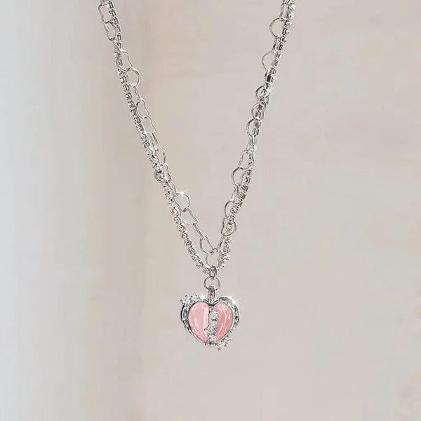 Planet Gates Korean Fashion Necklace for Women Heart Shaped Zircon Necklace Pendant Temperament Clavicle Chain Birthday Party Jewelry Gift