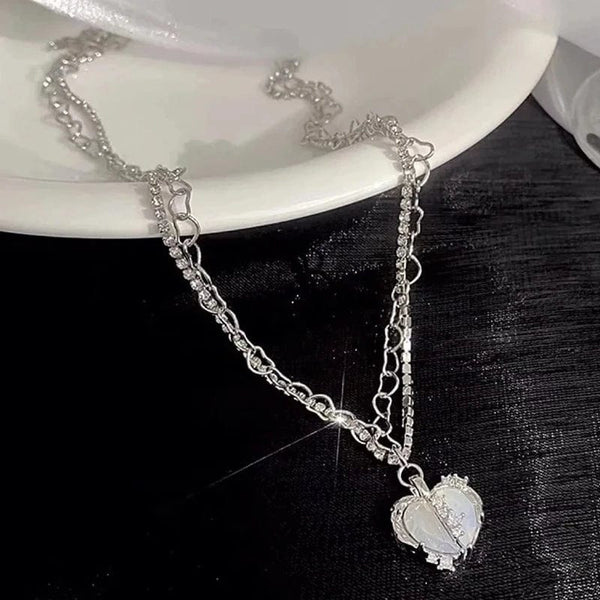 Planet Gates Korean Fashion Necklace for Women Heart Shaped Zircon Necklace Pendant Temperament Clavicle Chain Birthday Party Jewelry Gift
