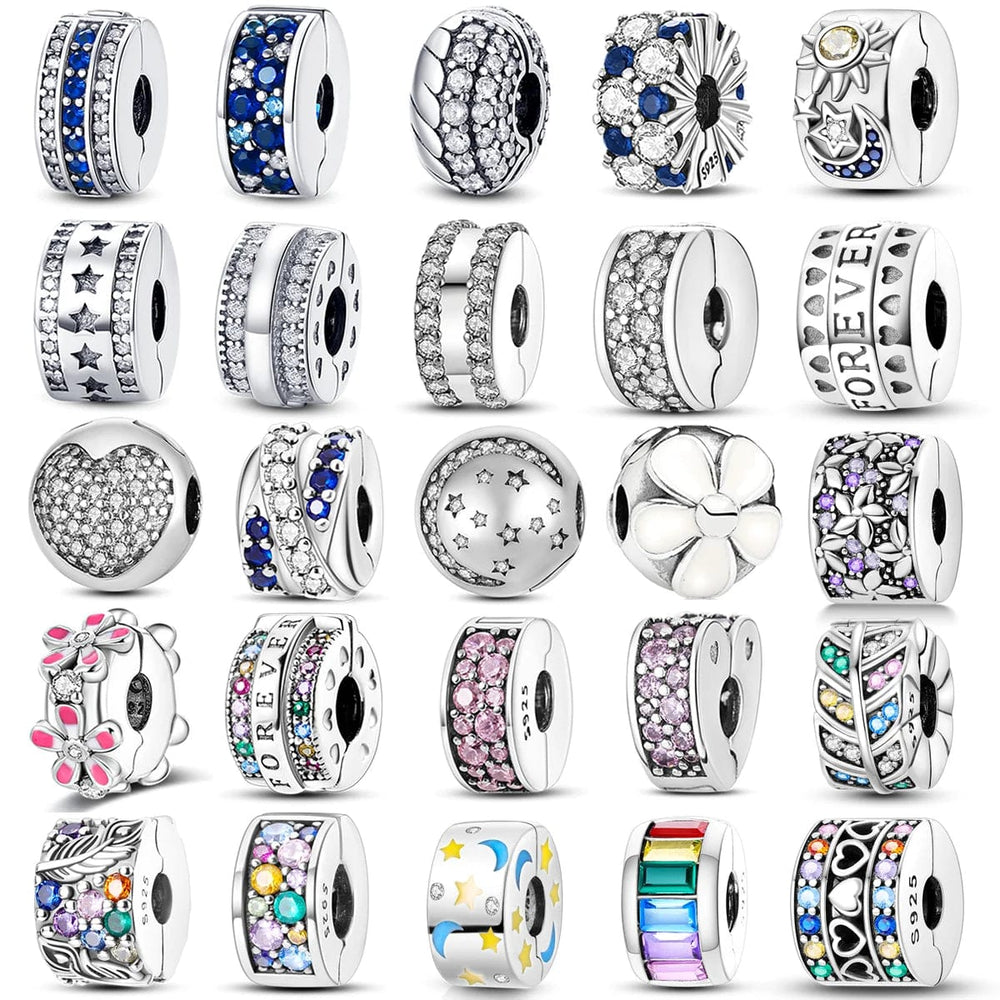 Planet Gates KTC417 Silver Clasp 925 Sterling Silver CZ pave Clip Charms Daisy Beads Stopper Safety Chain fit Original Bangle Bracelet Jewelry Clip