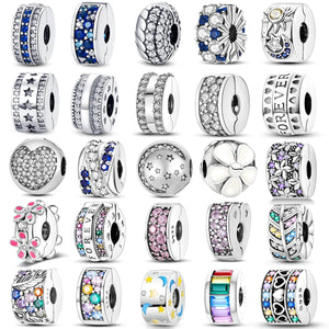 Planet Gates KTC417 Silver Clasp 925 Sterling Silver CZ pave Clip Charms Daisy Beads Stopper Safety Chain fit Original Bangle Bracelet Jewelry Clip