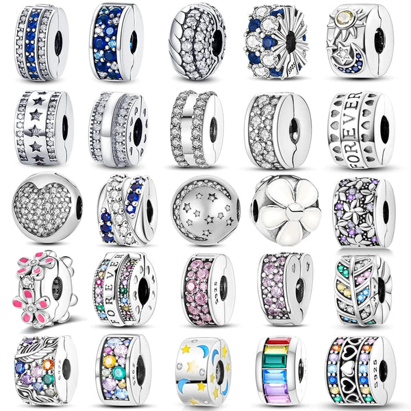 Planet Gates KTC417 Silver Clasp 925 Sterling Silver CZ pave Clip Charms Daisy Beads Stopper Safety Chain fit Original Bangle Bracelet Jewelry Clip