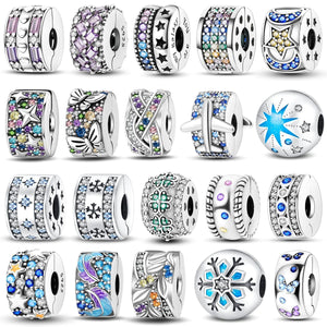 Planet Gates KTC417 Silver Clasp 925 Sterling Silver CZ pave Clip Charms Daisy Beads Stopper Safety Chain fit Original Bangle Bracelet Jewelry Clip