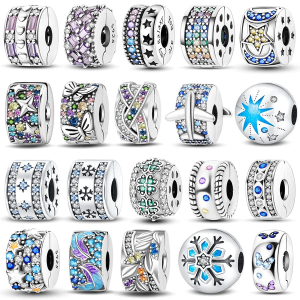 Planet Gates KTC417 Silver Clasp 925 Sterling Silver CZ pave Clip Charms Daisy Beads Stopper Safety Chain fit Original Bangle Bracelet Jewelry Clip