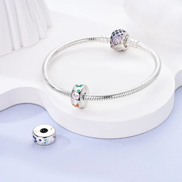 Planet Gates KTC417 Silver Clasp 925 Sterling Silver CZ pave Clip Charms Daisy Beads Stopper Safety Chain fit Original Bangle Bracelet Jewelry Clip