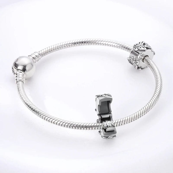 Planet Gates KTC417 Silver Clasp 925 Sterling Silver CZ pave Clip Charms Daisy Beads Stopper Safety Chain fit Original Bangle Bracelet Jewelry Clip