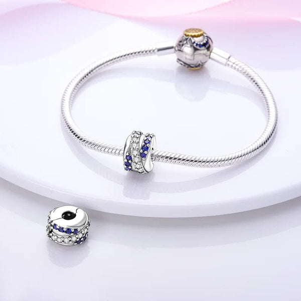 Planet Gates KTC417 Silver Clasp 925 Sterling Silver CZ pave Clip Charms Daisy Beads Stopper Safety Chain fit Original Bangle Bracelet Jewelry Clip
