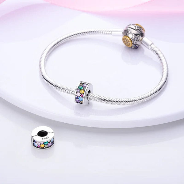 Planet Gates KTC417 Silver Clasp 925 Sterling Silver CZ pave Clip Charms Daisy Beads Stopper Safety Chain fit Original Bangle Bracelet Jewelry Clip