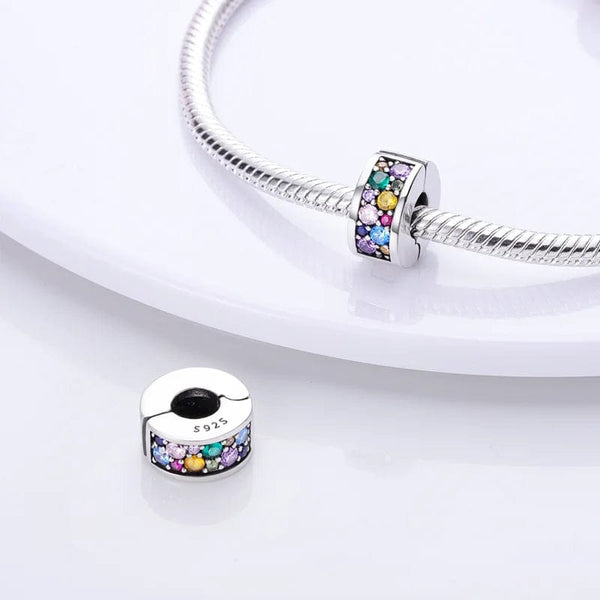 Planet Gates KTC417 Silver Clasp 925 Sterling Silver CZ pave Clip Charms Daisy Beads Stopper Safety Chain fit Original Bangle Bracelet Jewelry Clip