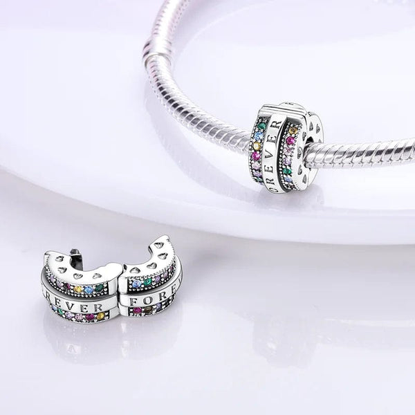 Planet Gates KTC417 Silver Clasp 925 Sterling Silver CZ pave Clip Charms Daisy Beads Stopper Safety Chain fit Original Bangle Bracelet Jewelry Clip