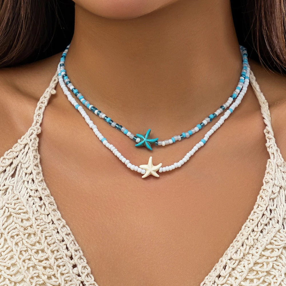 Planet Gates KunJoe Bohemian Mixed Color Rice Beads Starfish Pendant Necklace Set for Women Men Fashion Beach Choker Clavicle Chain Jewelry