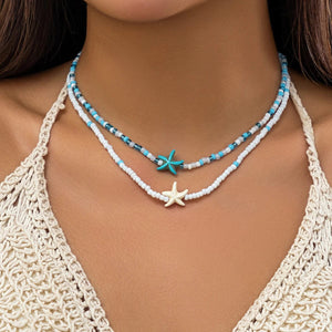 Planet Gates KunJoe Bohemian Mixed Color Rice Beads Starfish Pendant Necklace Set for Women Men Fashion Beach Choker Clavicle Chain Jewelry