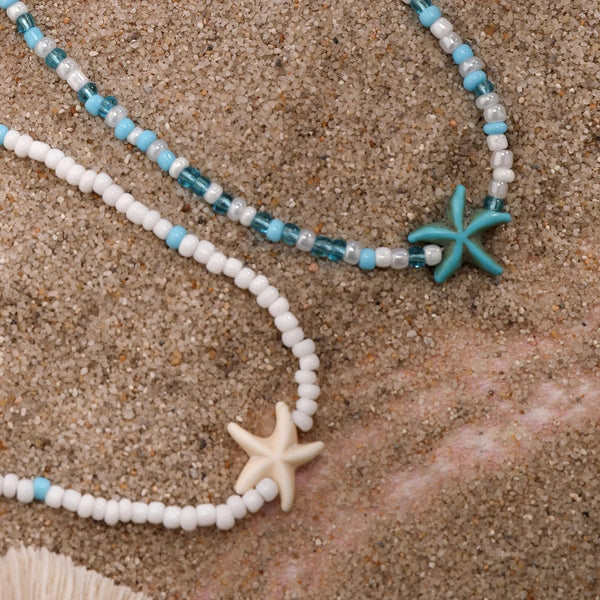 Planet Gates KunJoe Bohemian Mixed Color Rice Beads Starfish Pendant Necklace Set for Women Men Fashion Beach Choker Clavicle Chain Jewelry