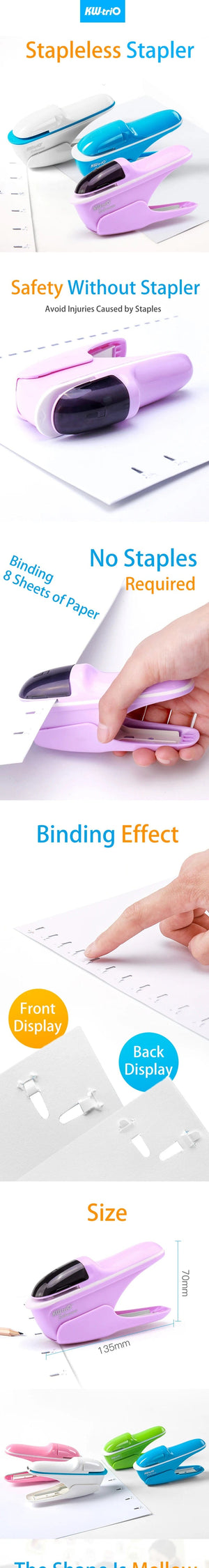 Planet Gates KW-triO Stapleless Stapler Safe Paper Stapling Portable Plastic Stapler Without Staples Bind 8 Sheets of Paper Office Supplies