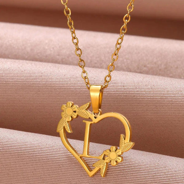 Planet Gates L / 45cm / CHINA Gold Color Dainty Flower Initials Necklace Women Girl Stainless Steel Heart Letter Choker Necklace Best Gifts Alphabet Jewelry