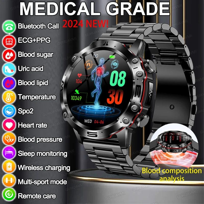 Planet Gates L / Black Mesh Belt New Healthy Blood Lipids Uric Acid Blood Sugar Smart Watch Men ECG+PPG Fitness Tracker Clock Bluetooth Call Sports Smartwatch