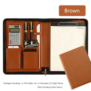Planet Gates L Folder Calculator University A4 Leather Portfolio Folder for Document Holder Desk Organizer Man Executive Briefcase Zippered Calculator for Office
