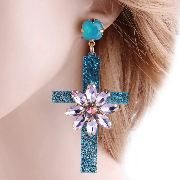 Planet Gates lake blue purple Drop Resin Cross Earrings Brand Crystal Big Earring Large Long Brinco Ear Accessories Oorbellen Christmas Gift jewelr