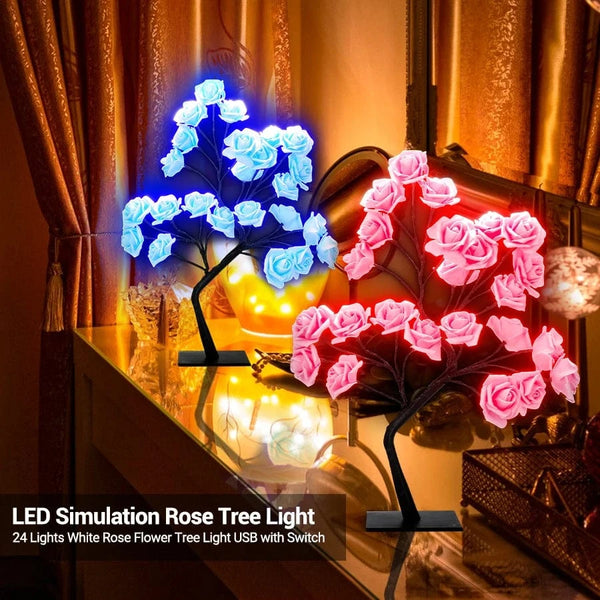 Planet Gates LED Rose Tree Desk Lamp USB Powered Artificial Flower Night Light Bedroom Living Room Party Wedding Valentine's Day Decoration