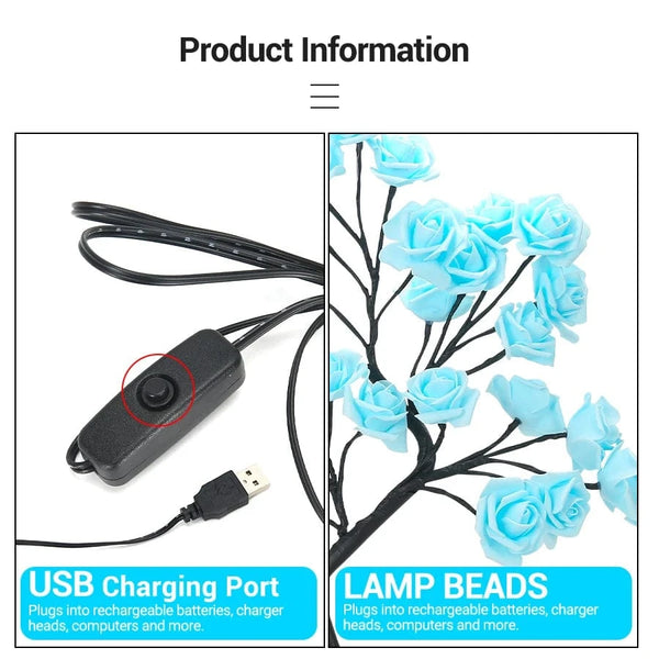 Planet Gates LED Rose Tree Desk Lamp USB Powered Artificial Flower Night Light Bedroom Living Room Party Wedding Valentine's Day Decoration