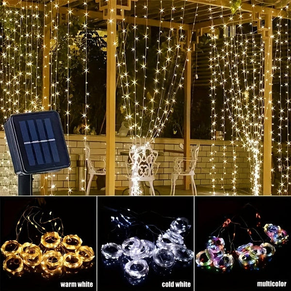 Planet Gates LED Solar Curtain Light, Outdoor Fairy Lights, Waterproof Copper Wire Lights, Christmas Party Wedding Home Bedroom Garden Wall Decoration